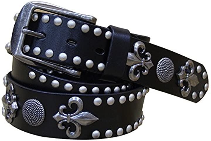 ラクエスト メンズ 革 スタッズ ベルト アンティーク コンチョ ユリ 紋章 レリーフ レザー( ブラック)