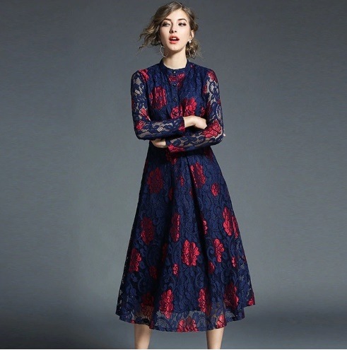 人気定番 バイカラーレースワンピース ミモレ丈 大きいサイズ レッド 赤 青 ブルー ネイビー 長袖 夏 春 パーティー 演奏会 結婚式 レースワンピ サイズ M Www Shred360 Com