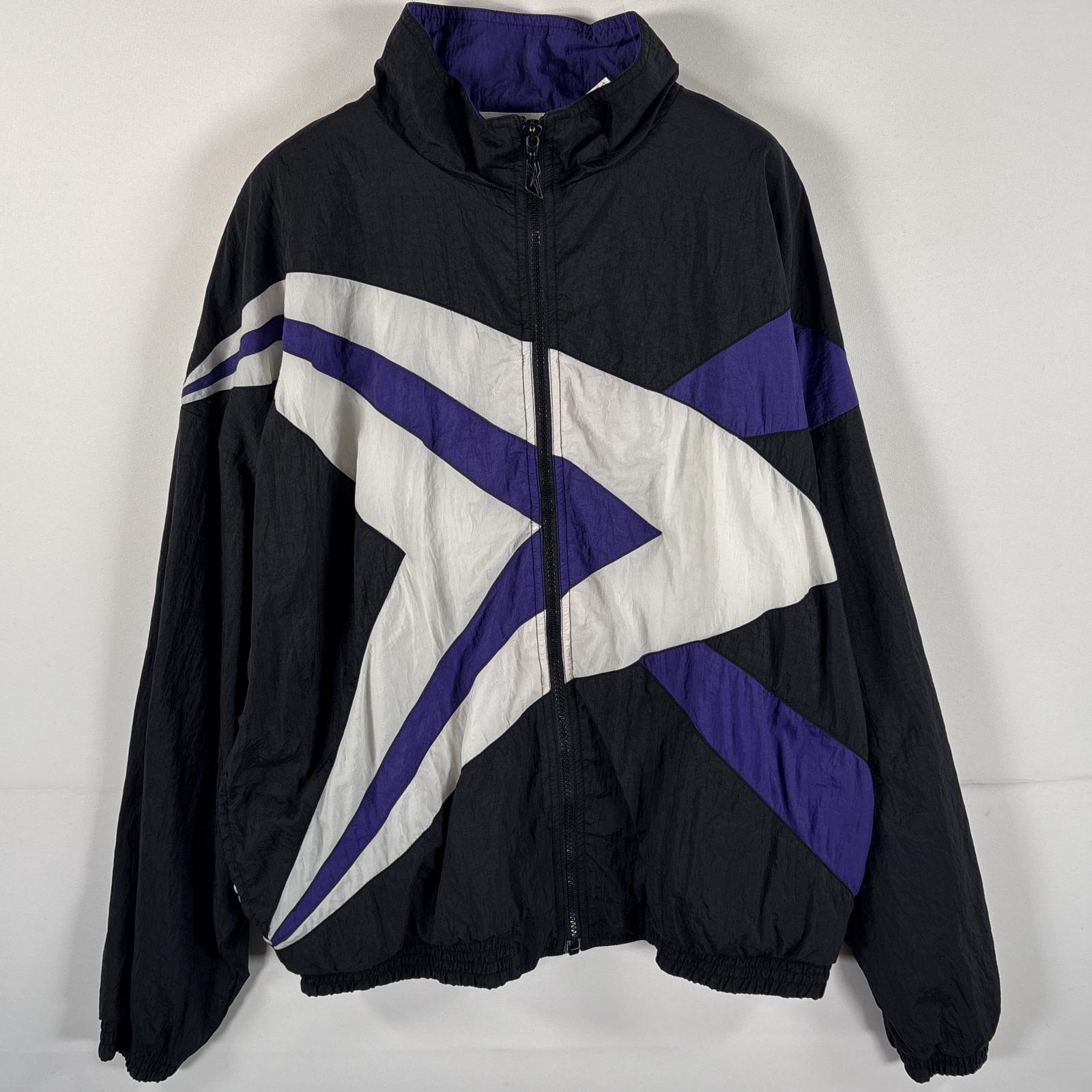 古着 90s/90年代 ナイロンジャケット フルジップ ロゴ刺繍 サイドポケット M ブラック パープル マルチカラー メンズ