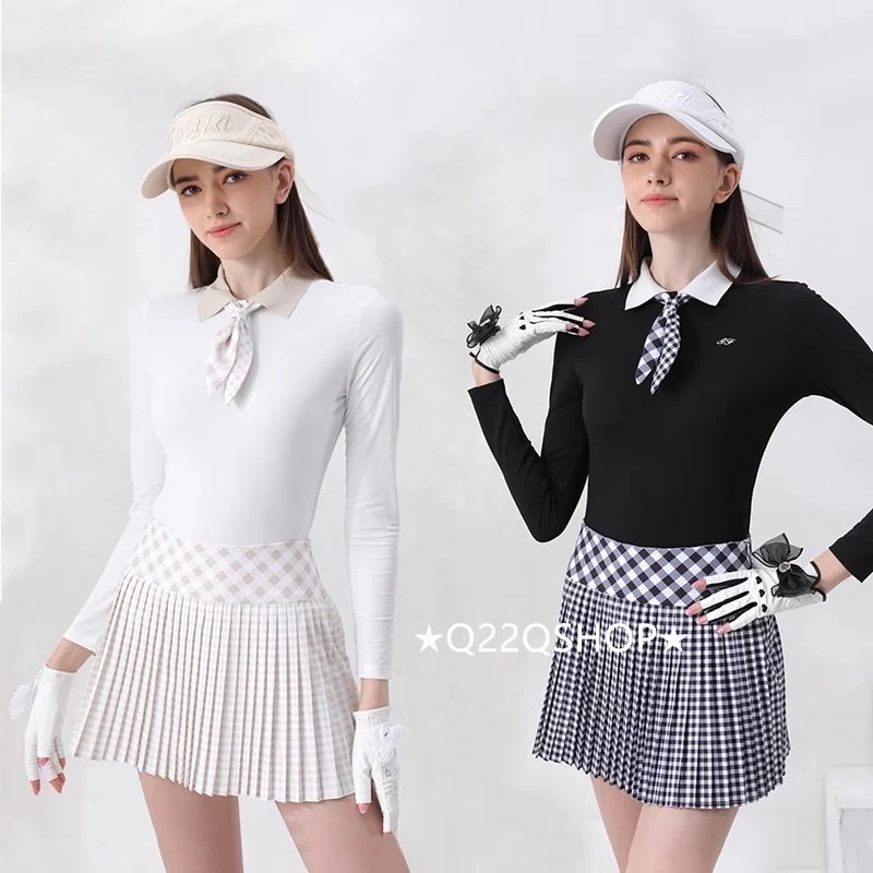 ゴルフウェア 春夏 秋冬 上下セット レディース スポーツウェア プリーツスカ ポロシャツ Tシャツ 長袖 スカート 白 黒 チェック柄 セットアップ 春 女性 テニスウェア 韓国風 おしゃれ