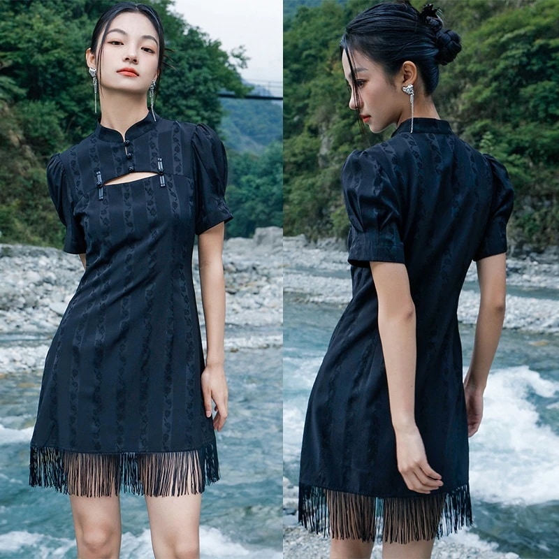 改良チャイナドレス 切り替えワンピース チャイナ風ワンピース ミニワンピース 夏 半袖 レイヤードワンピース フリンジ 黒