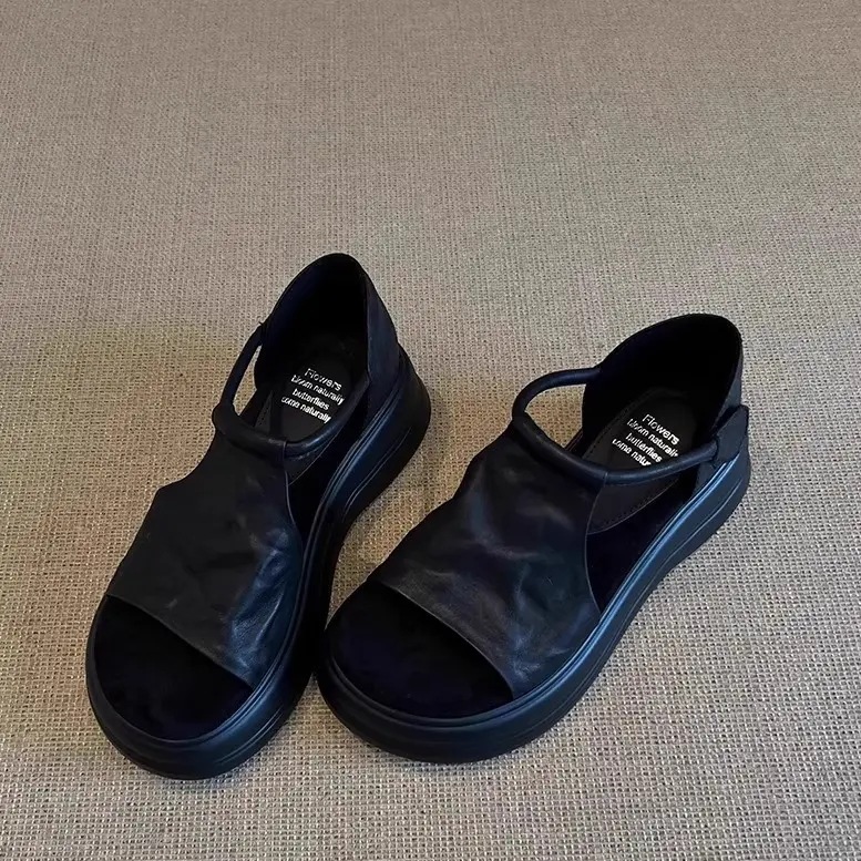 POPOSHOES 3E ワイドプラットフォーム ウェッジヒール サンダル 5cmプラットフォーム 牛本革 通気性 軽量 かわいい 履きやすい ベルクロレース カジュアルファッション