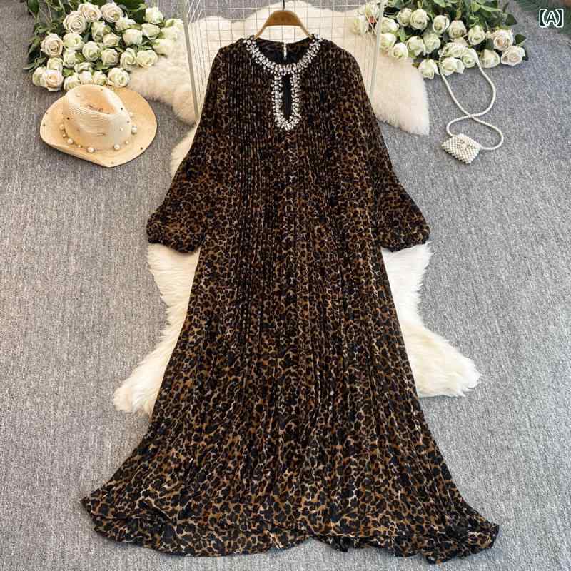 ドレス　パーティー　レディース 欧米風の 軽い ハイエンド 重厚な ネック ラインの ラインストーンの パーティー ドレスの レディース 春夏 ヒョウ 柄の 長袖の 魅惑的の ドレス
