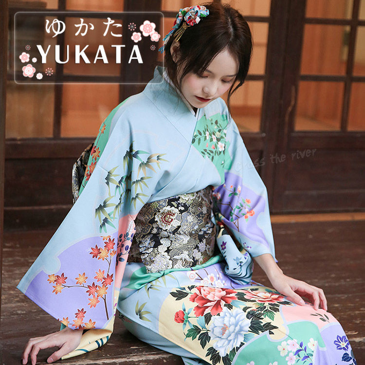 【即納】浴衣 可愛い 高校生 浴衣 セット レディース 女性 浴衣 中学生 ゆかた 花火 花柄 青紫 ゆかた 上品 着物 セット 女の子 浴衣 作り帯 セット リボン 春 夏 ブルー パープル 浴衣セ
