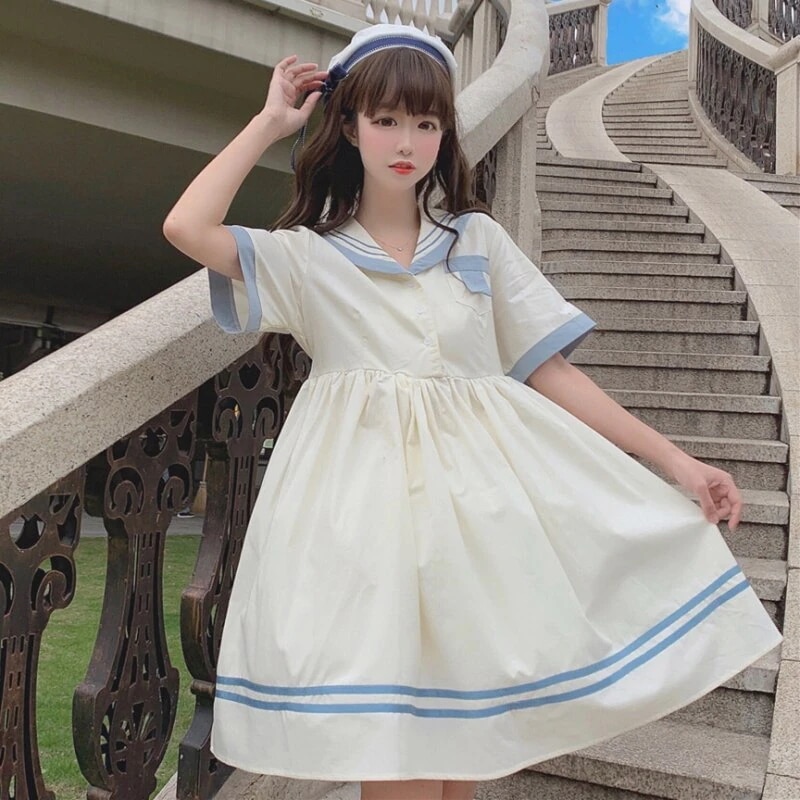 新品登場 2023のソフトシスタープリンセスドレス若い女の子の学生ネイビーカラーハイウエストルー