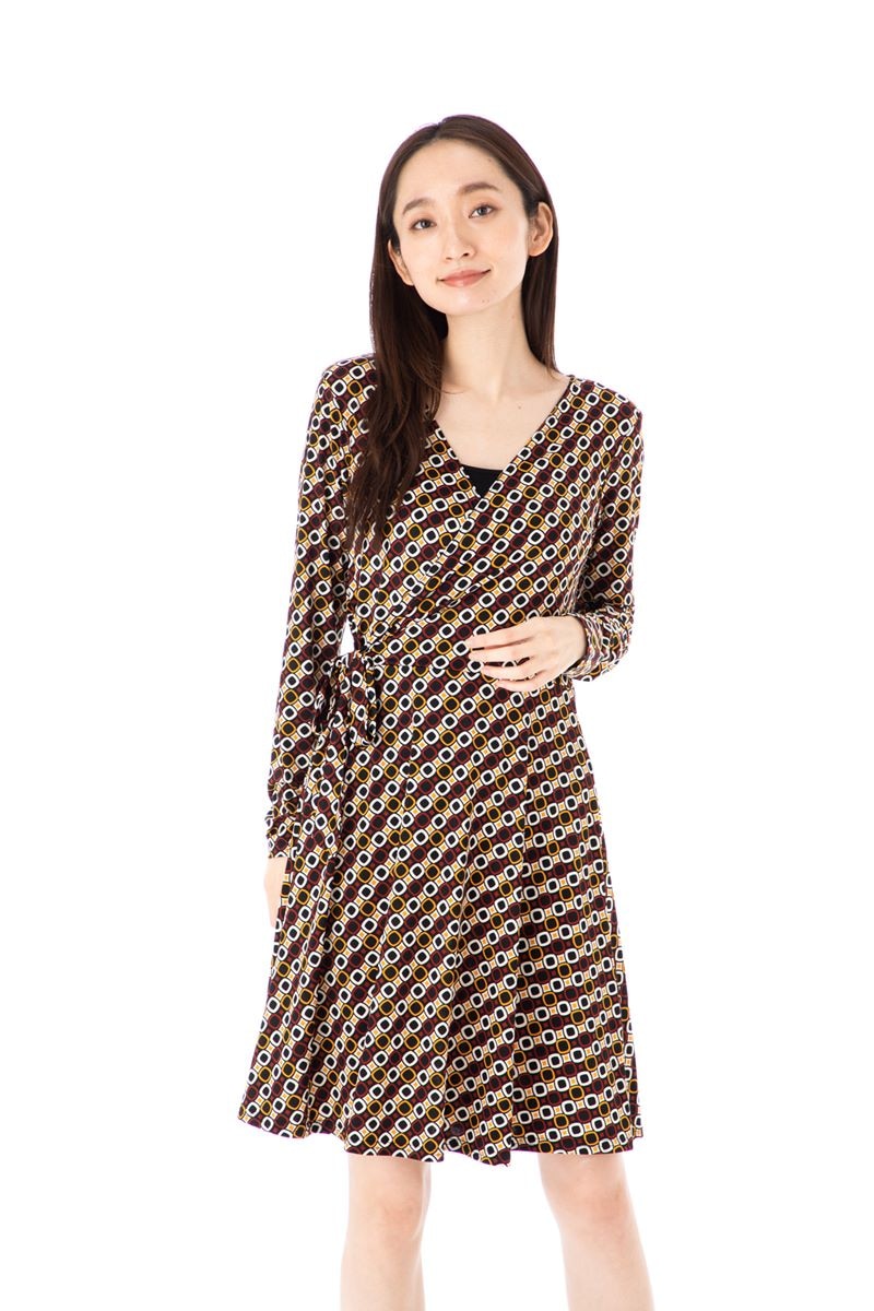 ファス(FAS)ワンピース T2 T3 T4サイズ 長袖 ひざ丈 総柄 カシュクール 大人上品ワンピース レディース Fille A Suivre