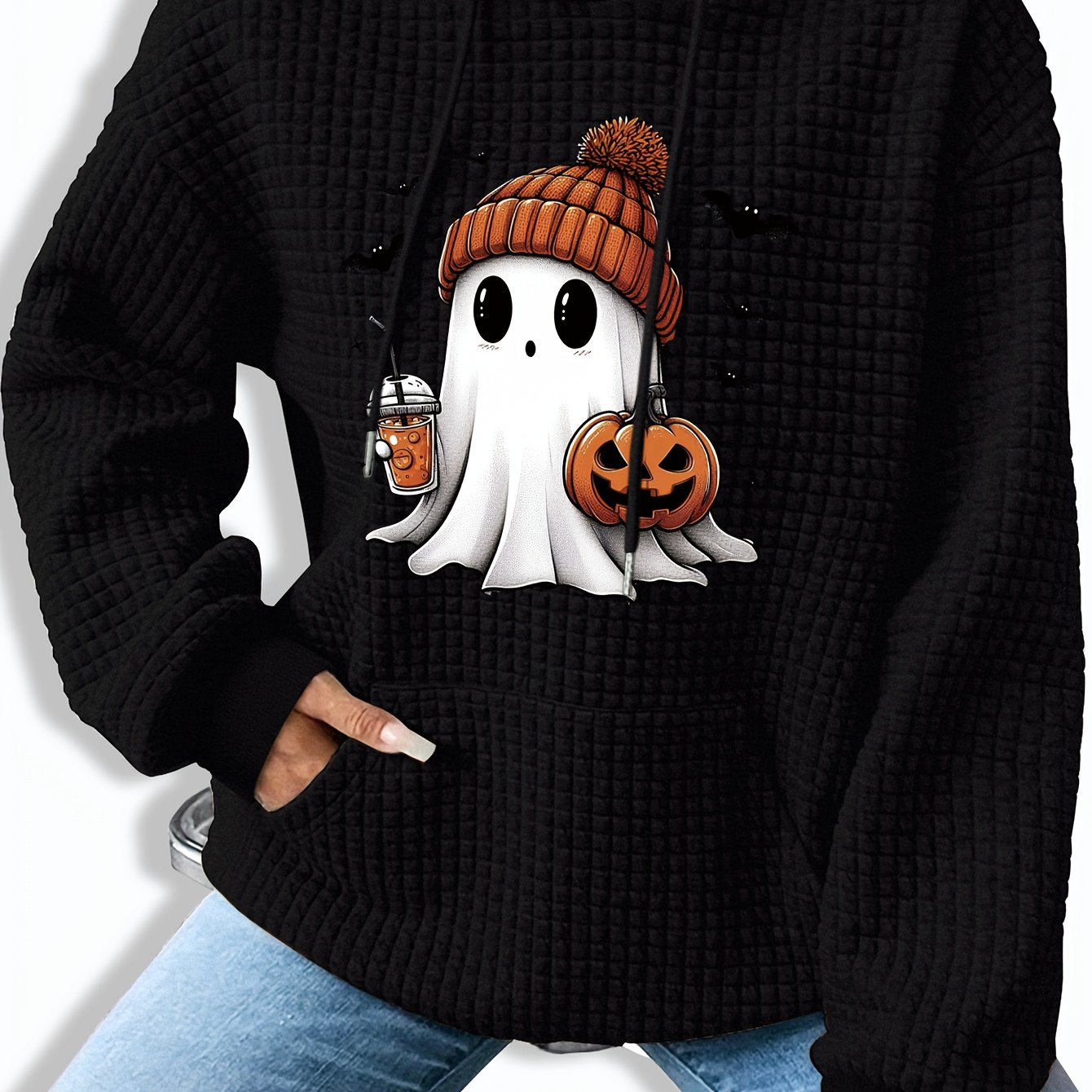 ウィメンズ ハロウィーン ゴースト & パンプキン プリント パーカーカジュアル ニット ポリエステル スウェットシャツ カンガルー ポケット付き秋冬用 長袖 ドローストリング フード付きトップ 5,311円