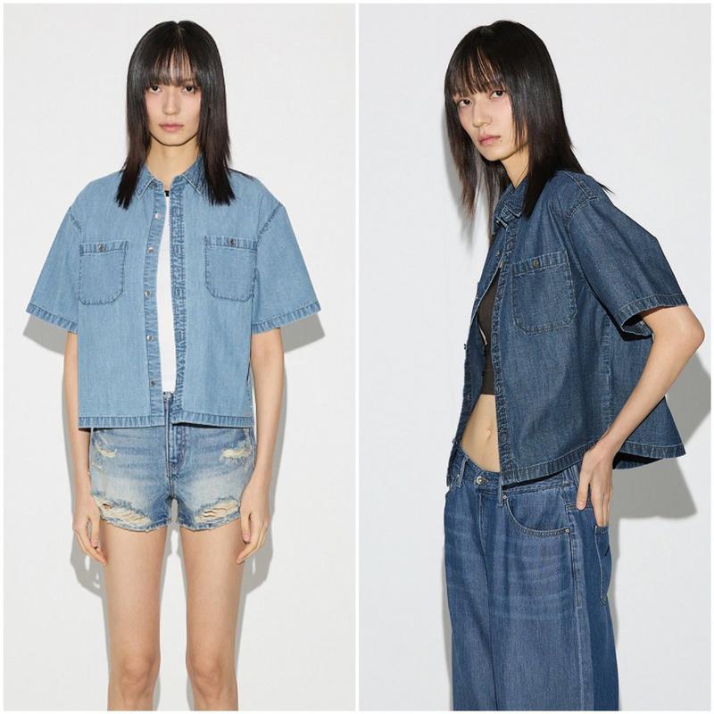 人気女性クロップポケットデニム半袖シャツ_US