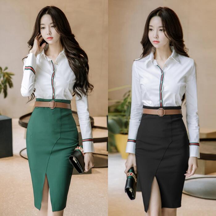 セットアップ 2点セット トップス シャツ スカート ブラウス タイト ひざ丈 長袖 おしゃれ 大人 可愛い カジュアル シンプル きれいめ エレガント オフィス 通勤 ホワイ ト白 グリーン 緑 春
