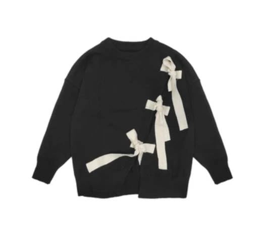 トップス セーター 長袖 ラウンドネック フェミニン レトロ シンプル ストレート ビッグリボン 伸縮性 かわいい きれいめ カジュアル おしゃれ レトロ こなれ感 ラフ ラブリー キュート ビッグシ