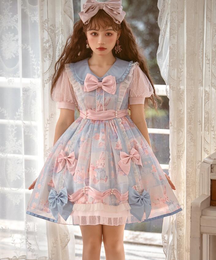 ロリータ ワンピース ゴスロリ＆ロリータドレス お姫様 可愛い ふわふわ 膝丈 半袖 長袖 ロリータ服 光沢感あり 裾フリル リボン 柄プリント ピーターパンカラー 甘ロリ ワンピース レディース