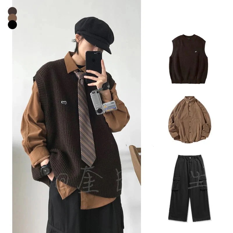 メガ割 服 日系 レトロ ラウンドネックベスト+長袖シャツ+カーゴパンツ 3点セット ノースリーブ ニット 男女兼用