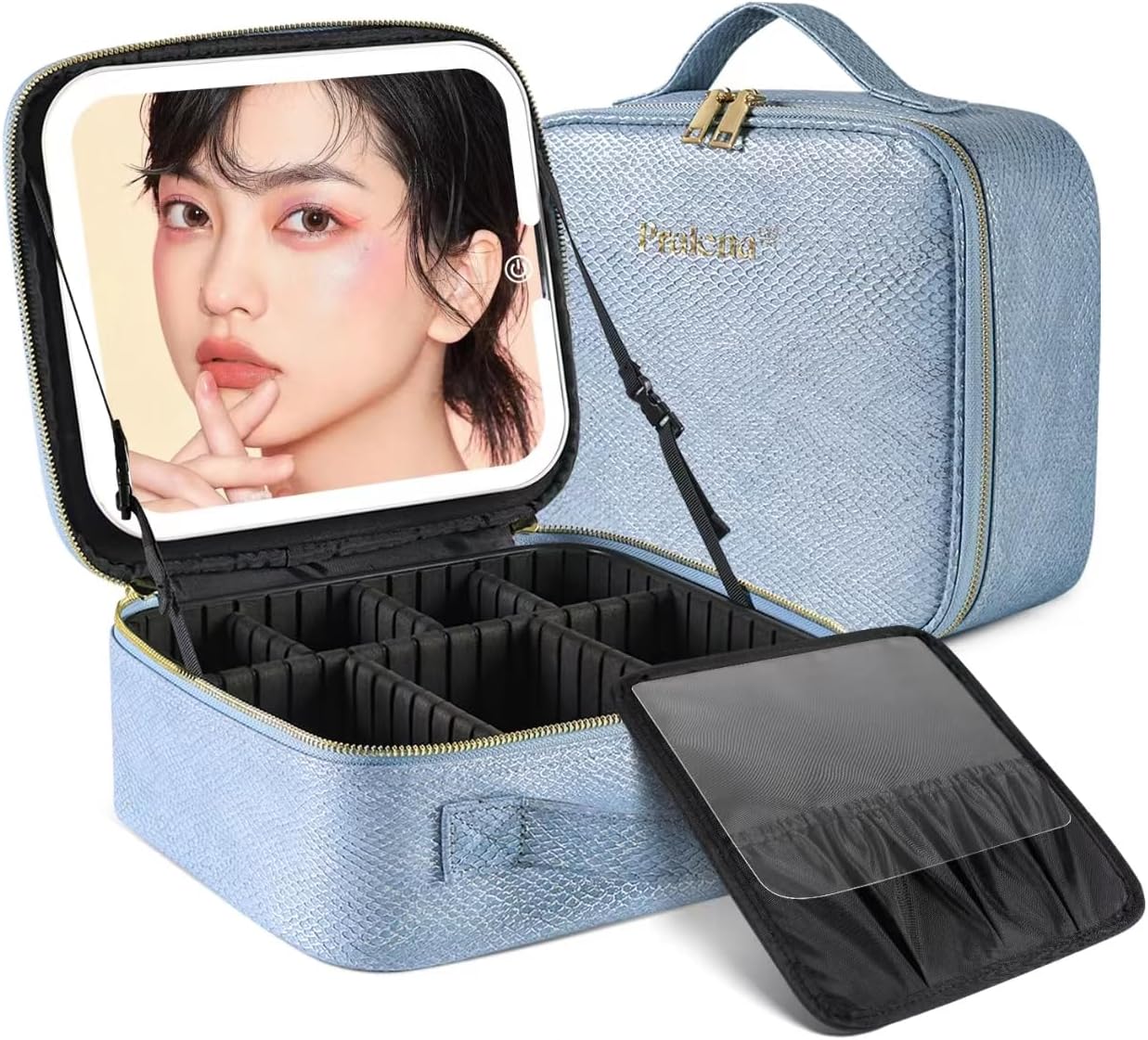 鏡付き手持ちLEDライト付き化粧ポーチ 大容量仕切り調整可能 3色ライト 小型 青 8,698円