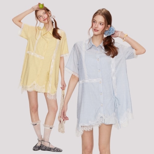 [2色]アイレットレーストリミングロングシャツワンピース