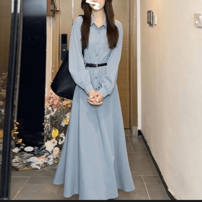 フレンチレトロ 青ワンピース 春 収縮ウエスト 上品 ロングスリーブ シャツワンピース