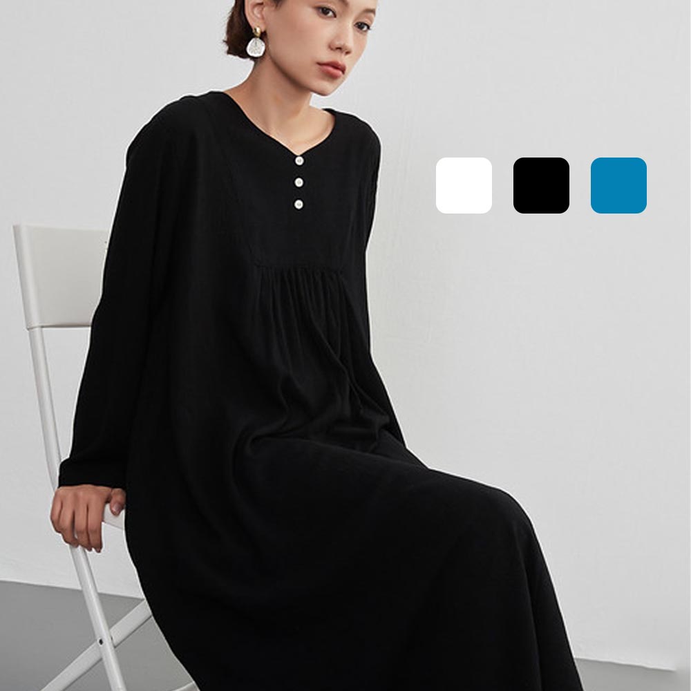 長袖ワンピース 着痩せ ロング丈 足さばきが良い ギャザーロング丈 きれいめリネンMIX 飾りボタン ロリータ 長袖 秋冬 長袖 レディース 細見え ワンピース 秋 ゆったり パジャマ お嬢様 部屋着