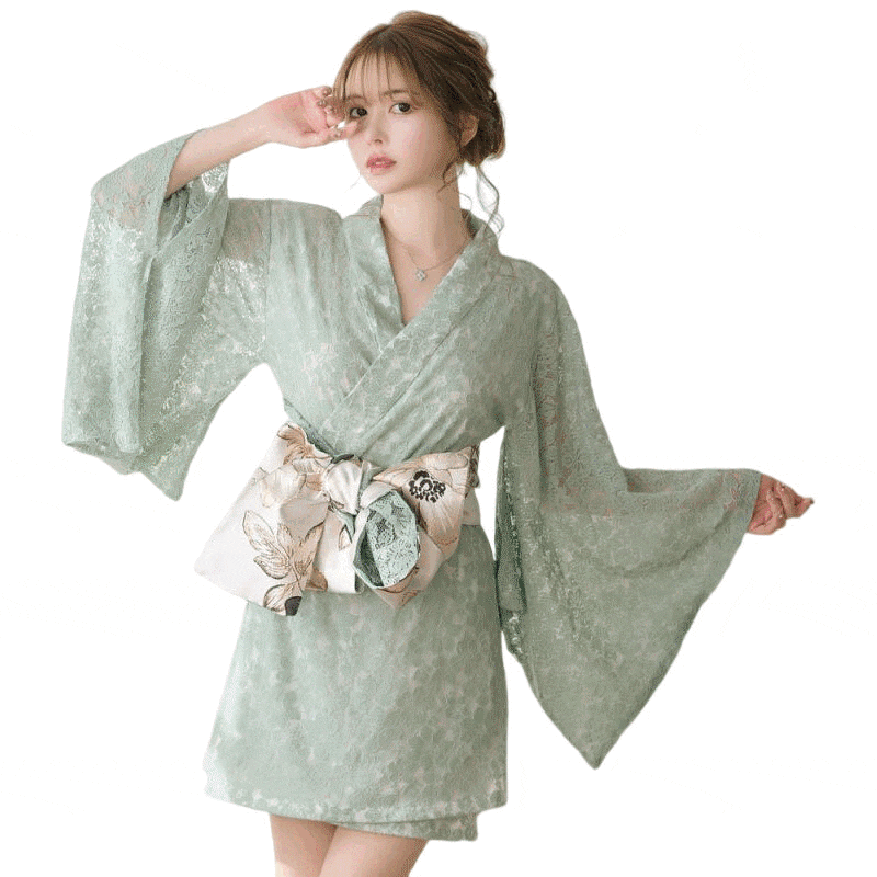 【4カラー/2点セット】総レース ミニ オフショル 美胸 豪華 帯 花魁 着物 ドレス コスプレ イベント ハロウィン キャバドレス [1224]