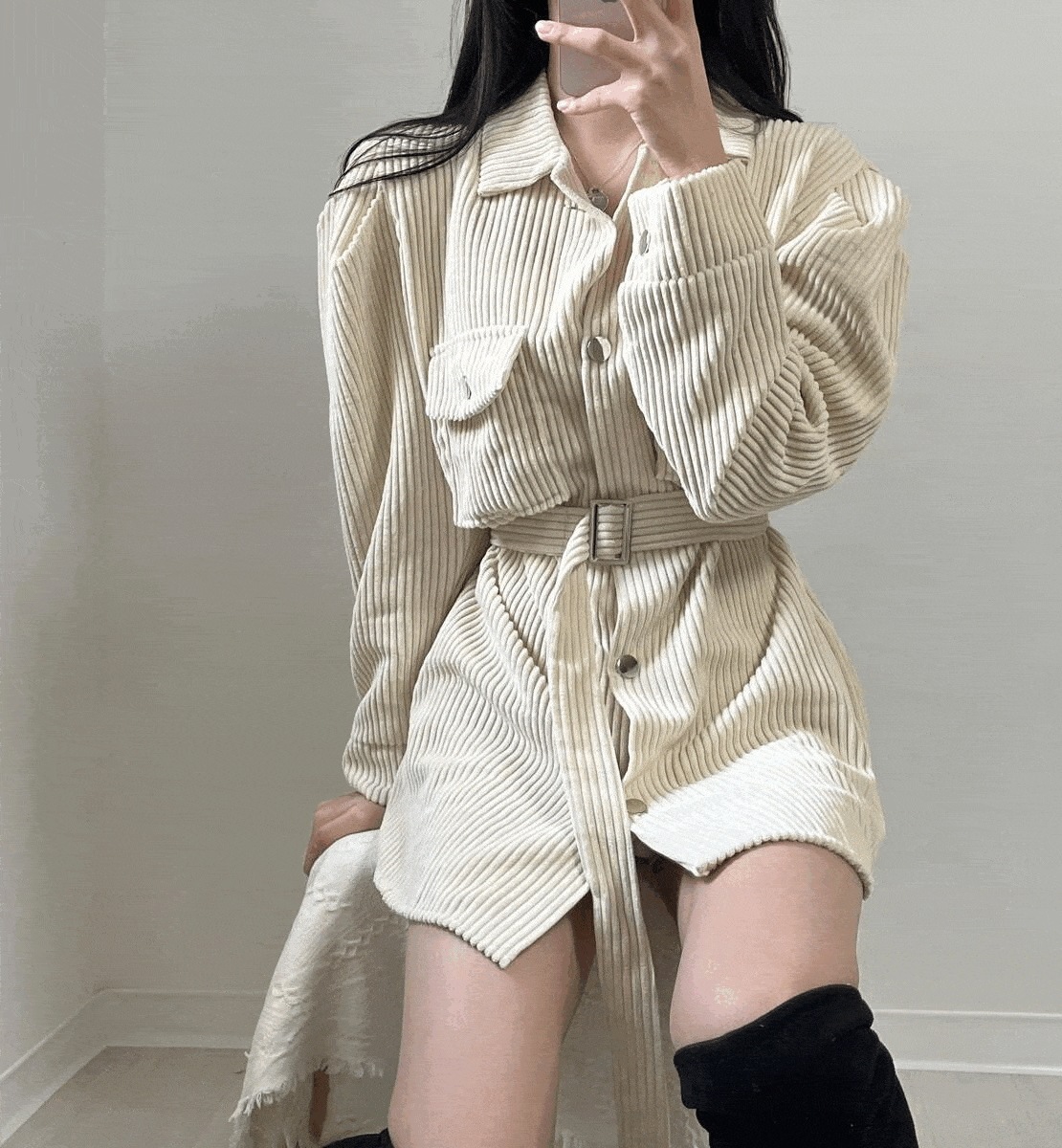 デートルック! [ コーデュロイ シャツ ボタン ワンピース / コーデュロイ シャツ + ベルトset ] 3カラー