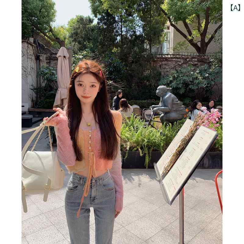 カーディガン レディース 春夏 ニット 長袖 トップス ショート丈 へそ出し ボタン リボン スリム フィット 薄手 かわいい グラデーション