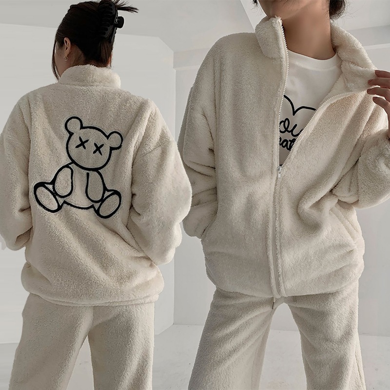 クマ 刺繍 フェイクファー ウール ジャンパー 柔らかい ジャケット 韓国ファッション 可愛い アウター エコファー