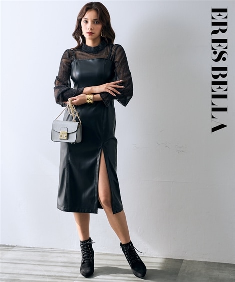 ジャンパースカート フェイクレザーロングスリットジャンパースカート ERES BELLA