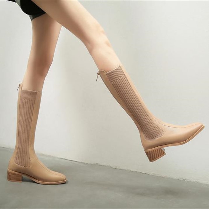 ロングブーツ 即納有 ニット 22-24.5cm 黒 ベージュ 木目太ヒール YY202012176