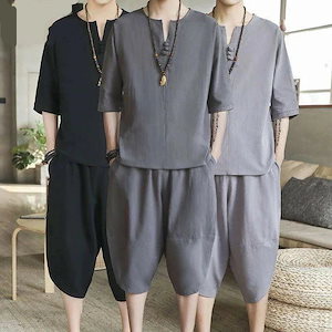 2点セット メンズ 大きい 無地 半袖 Tシャツ ハーフパンツ 七分ズボン メンズ 服 お兄系 カジュアルシャツ 半袖 トップス 大きいサイズ 綿麻 上下セット ゆったり 大きいサイズ ブラック