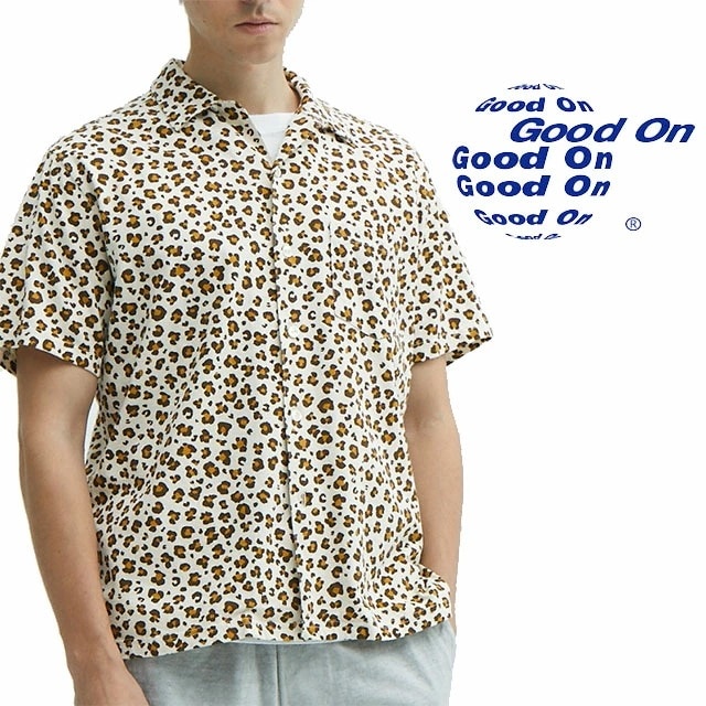 グッドオン レオパードショートスリーブオープンTシャツ メンズ GOST2409 半袖シャツ トップス ヒョウ柄 カジュアル 総柄 Tシャツ生地 前開き 綿100% ウェア アパレル 服 アウトドア
