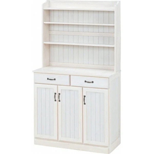 キッチンカウンター（ホワイトウォッシュ）　MUD-6533WS棚の高さが変えられる!上はオープン棚下は扉付きで隠して収納アンティーク調の取っ手が付いたナチュラルなキッチン収納棚