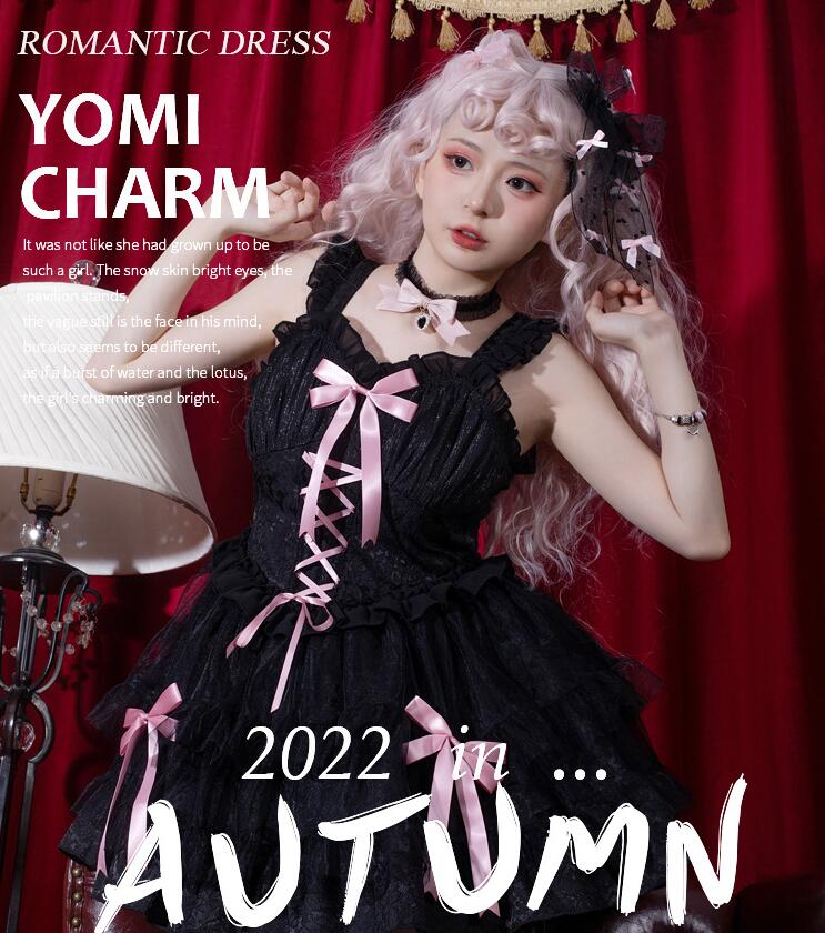 ロリータワンピース キャミソール 可愛い ロリータ服 ティアードドレス 長袖ドレス リボン付き ゴスロリ ジャカード 花柄 ハロウィン コスプレ衣装 コスチューム ピンク 黒 6,100円