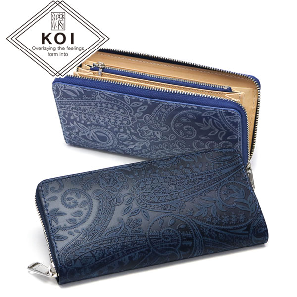 財布 KOI コーアイ 藍染レザー ラウンドファスナー長財布 ペイズリー柄 ウォレット 小銭入れ 本革 大容量 メンズ レディース ZYS-197