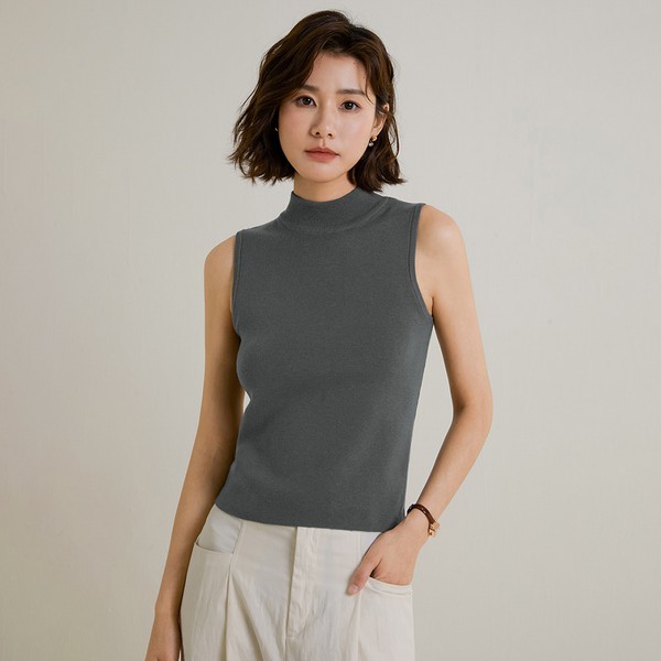 ランサン1026 予約配送 LS_half neck nit vest top_GRAY