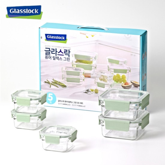 グラスロックピュアリラックスグリーンガラス密閉容器正四角5Pセット（440ml 3P/1130ml 2P）