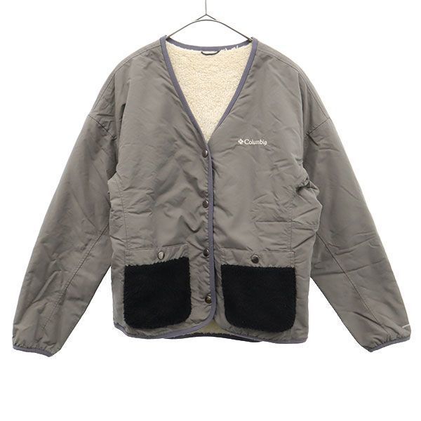 ワンポイント刺繍 リバーシブル ボア ノーカラージャケット M グレー アウトドア レディース