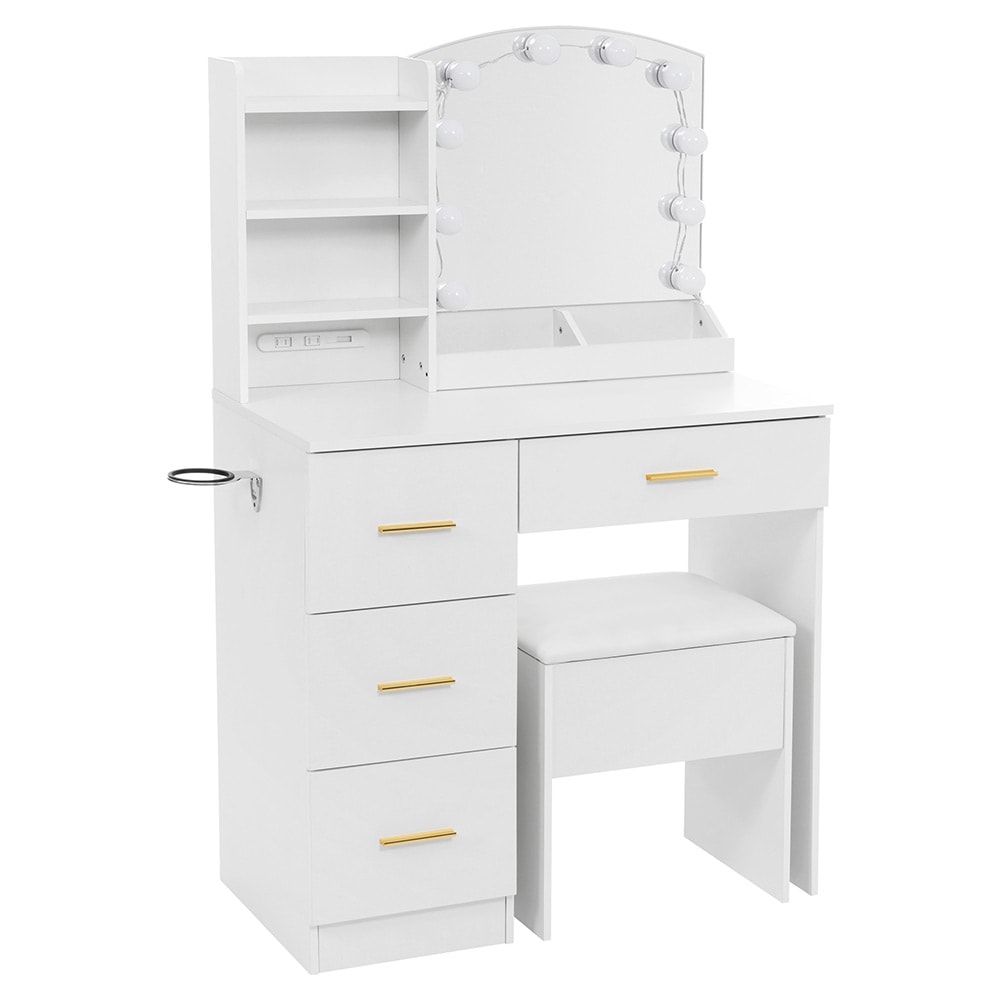 ドレッサー 3色調切替10段階調光 貼り付け式ライト 女優ミラー コンセント搭載 ドライヤーホルダー付き 収納付きスツール 引き出し4つ 大容量収納 多機能メイク台 化粧台