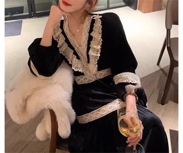 レディース ドレス ワンピース パーティードレス パーティー 膝下 ミモレ 長袖 Vネック Aライン レース フリル 切り替えデザイン ハイウエスト ベルベット 可愛い きれいめ 大人可愛い 上品
