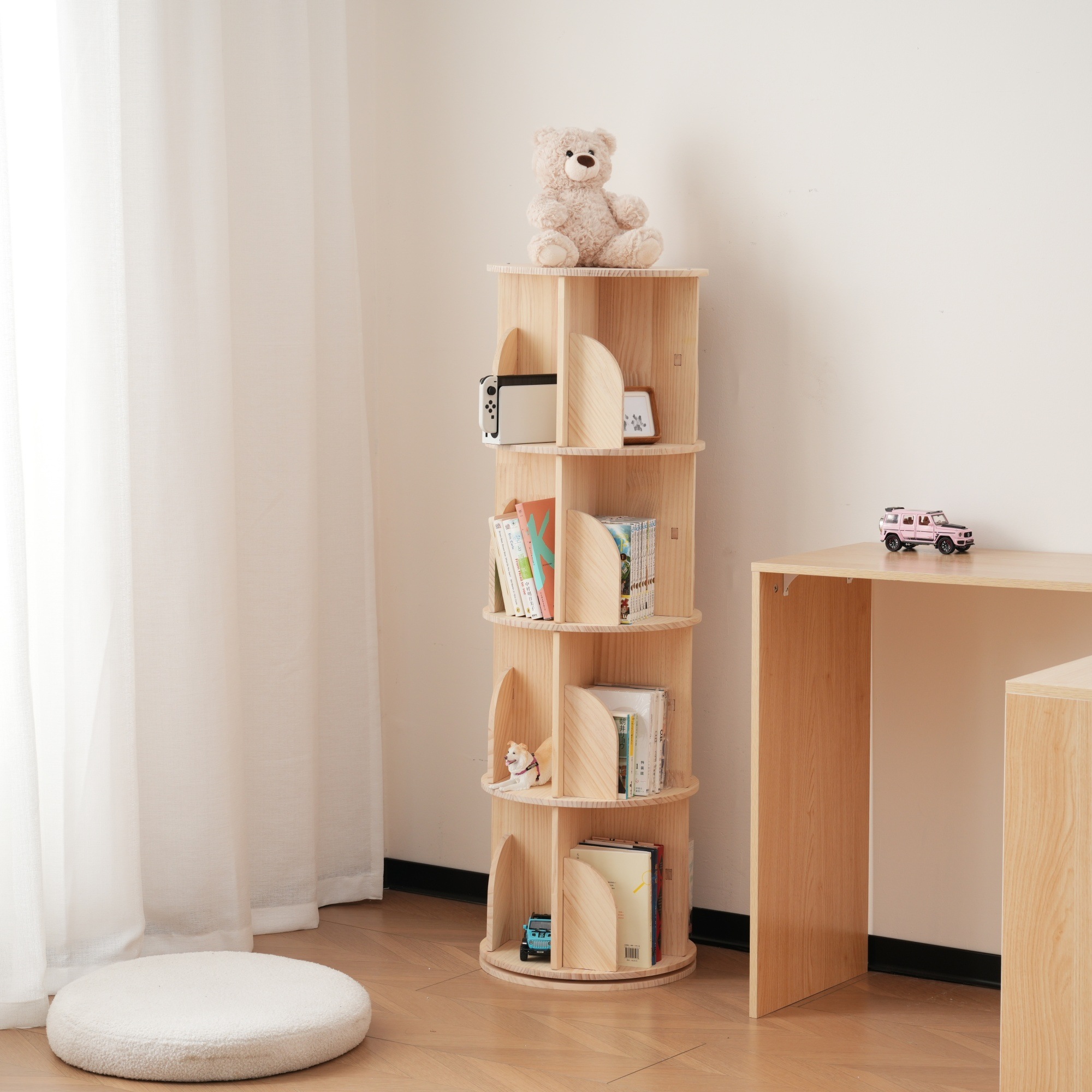 【大好評!最安値挑戦!】無垢材 回転式本棚 飾り棚 絵本棚 360回転本棚 コミック収納棚 本棚 大容量 回転ラック 組立簡単 省スペース 収納ラック 2段3段4段5段GG323 Natural Wo