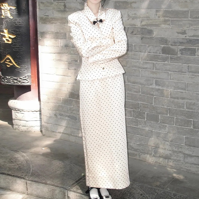 レディース秋春セット：蝶ネクタイドット柄ショートジャケットキャミソールハイウエストスカート（3点セット）