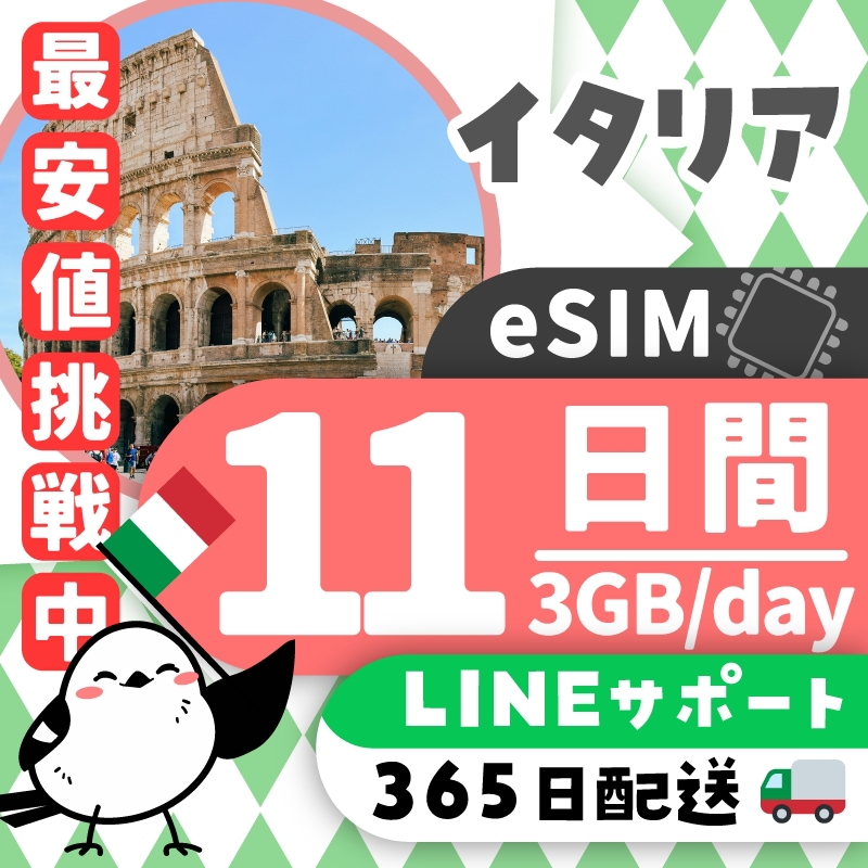 【イタリアeSIM】簡単設定／使用日数：１１日間／データ容量：３GB（day）／有効期限90日／最短即日発行／パスポート番号不要／データ通信専用／イタリアSIM