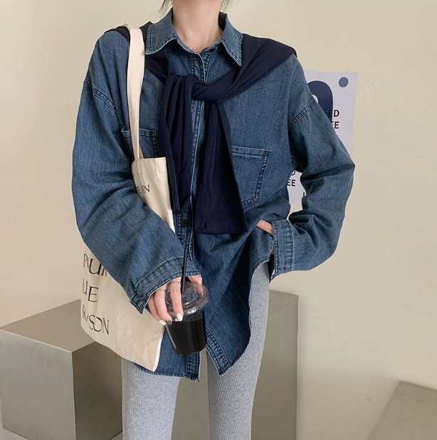 トップス シャツ デニムシャツ ニットソー デニムトップス 袖あり 長袖 ボリューム袖 フレア 切り替えデザイン ドッキング かわいい 可愛い おしゃれ お洒落 可愛い 女子