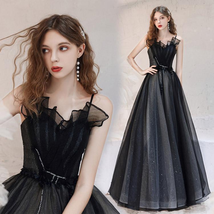 【即納】イブニングドレス 黒 ロングドレス キャミドレス ブラック 発表会ドレス 演奏会ドレス チュール パーティードレス 二次会ドレス お呼ばれドレス