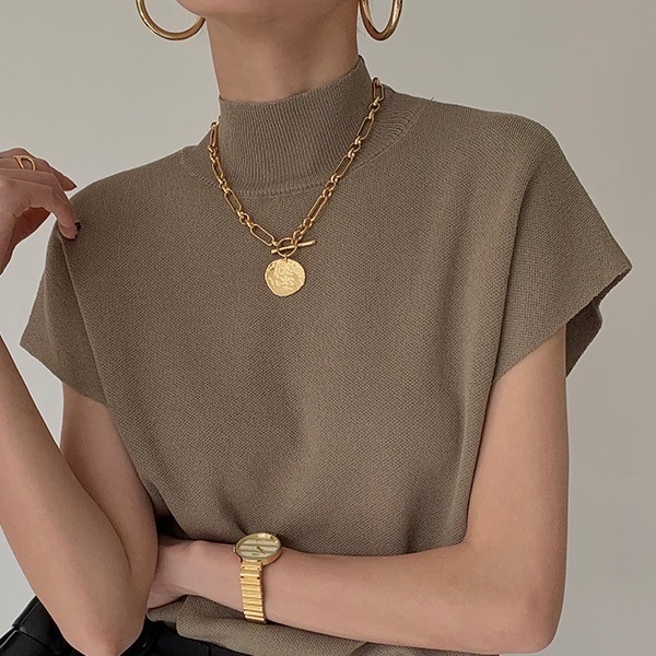 ハーフハイネック シャツ プルオーバー トップス ショート ショート丈 ノースリーブ 半袖 ハイネック スリム タイト ストレート かわいい 可愛い きれいめ シンプル カジュアル 上品