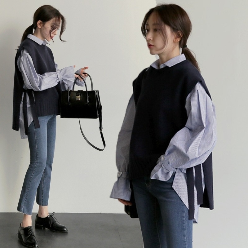 2点セット クール ストライプシャツ＋ベスト ブラウス レイヤード 長袖 ストライプシャツ デザイン 可愛い きれいめ 上品 おしゃれ かっこいい 可愛い ラブリー キュート ガーリー クール