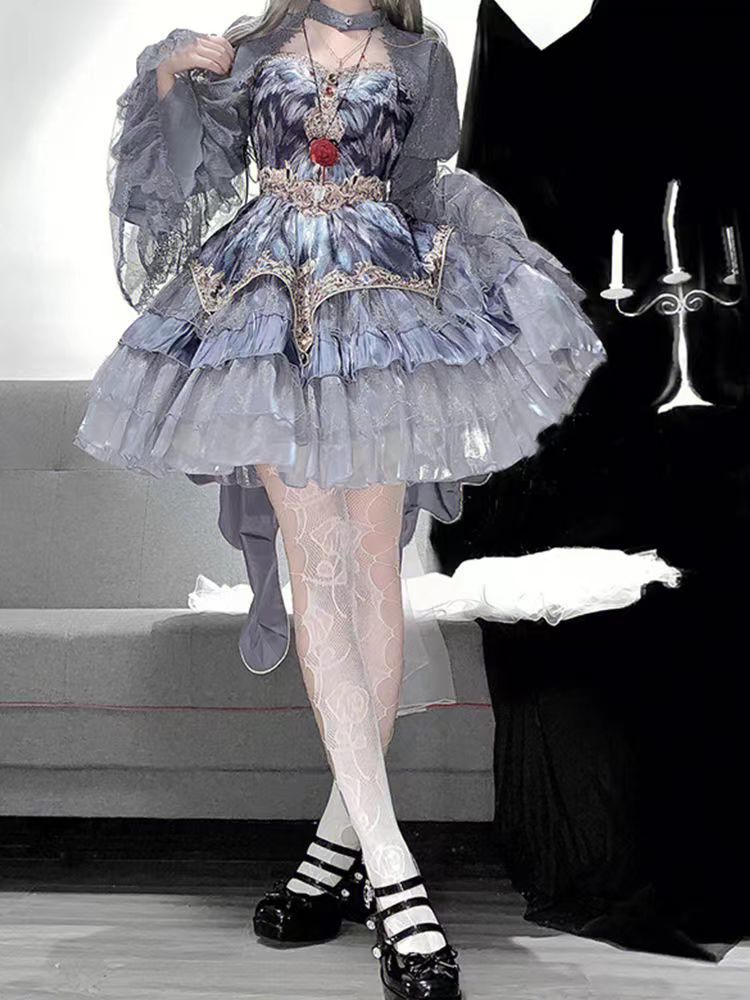 ワンピースドレスドレスJskドレス ロリータ フラワーウェディングロリータドレス グレーロリータ袖チョッキドレス