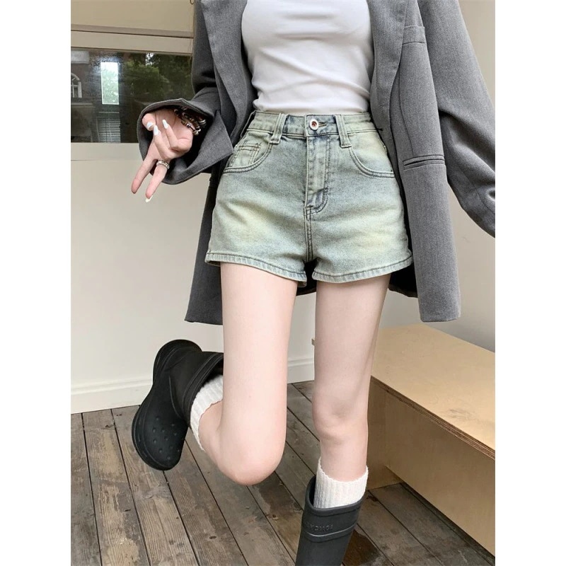 アメリカンレトロ ハイウエスト デニムショートパンツ レディース 2024年夏 ライトカラーデザイン ポケット 万能ホットパンツ