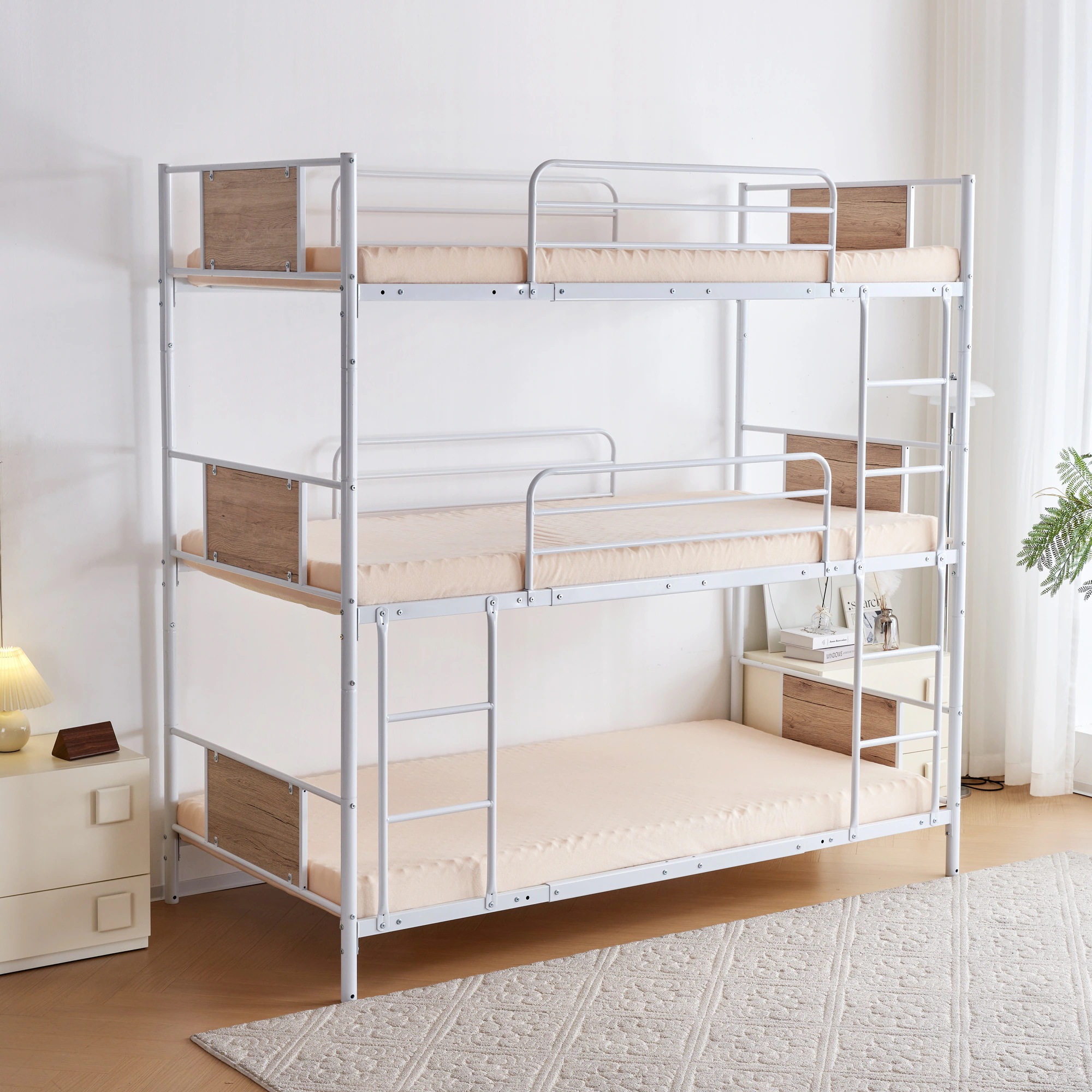 【国内で発送&送·料·無·料】【新作】【ホワイト】三段ベッド パイプベッド スチールベッド 分離可能 子供部屋スチール 耐震2254