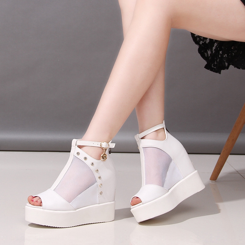 ブーツサンダル ウェッジソール インヒール PU メッシュ ヒール6cm ブーツサンダル アンクルブーティ 厚底 小さいサイズ 大きいサイズ オープントゥ 後ファスナー付き バックジップ レディース