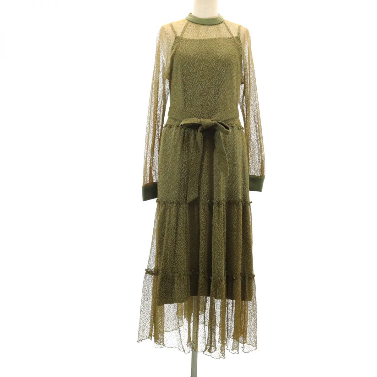 長袖 レース ロングワンピース グリーン系 インナー付き レディース