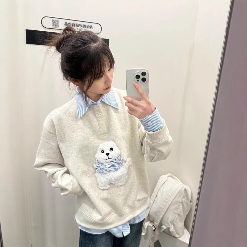 韓国風のプレッピーでキュートなぬいぐるみの子犬のフェイクツーピースポロカラースウェットシャツレディース春と秋プチサイズの長袖トップス