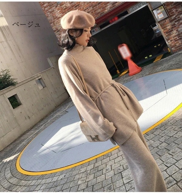トップスニット体 カジュアル 着痩せ セットアップ ワイドパンツ ベルト付き タートル セットアップ ニット 長袖 パンツセット トップス タートルネック ニットセーター ロングパンツ 秋冬 2点セッ